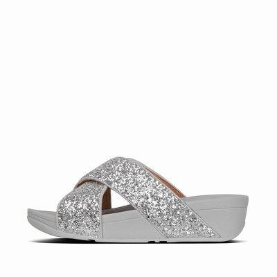 Women's Fitflop LULU Glitter Cross Slides Sandals Silver | Ireland-48172