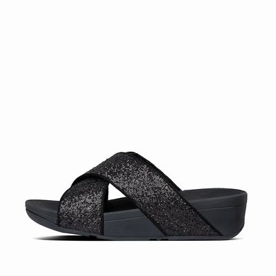 Women's Fitflop LULU Glitter Cross Slides Sandals Black | Ireland-52304