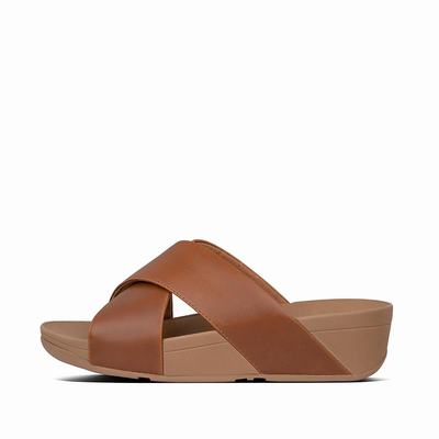 Women's Fitflop LULU Leather Cross Slides Sandals Light Brown | Ireland-24950