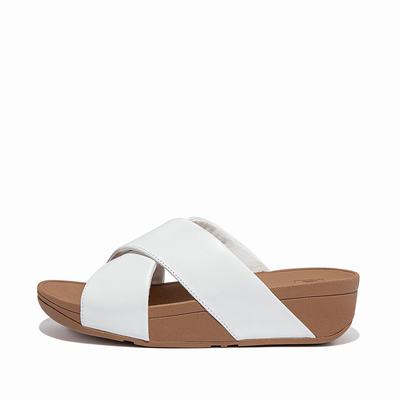 Women's Fitflop LULU Leather Cross Slides Sandals White | Ireland-63504