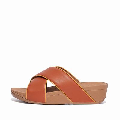 Women's Fitflop LULU Pop Binding Leather Cross Slides Sandals Brown | Ireland-14263