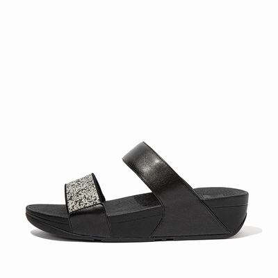 Women's Fitflop LULU Shimmer Splash Slides Sandals Black | Ireland-83975