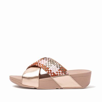 Women's Fitflop LULU Silky Weave Cross Slides Sandals Coral Pink | Ireland-42710