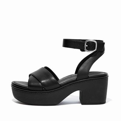 Women's Fitflop PILAR Leather Ankle-Strap Platform Sandals Black | Ireland-30658