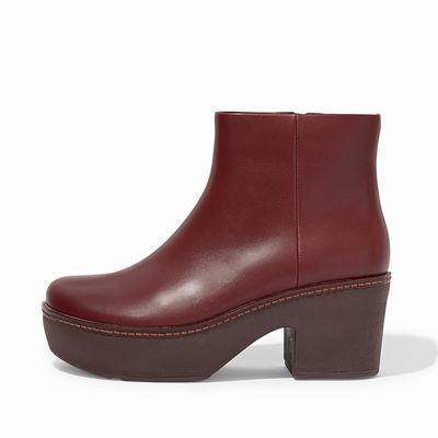 Women's Fitflop PILAR Leather Platform Ankle Boots Burgundy | Ireland-92031