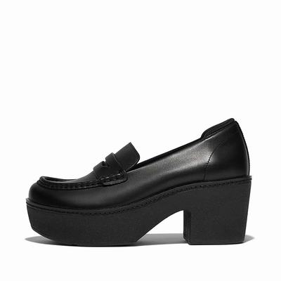 Women's Fitflop PILAR Leather Platform Loafers Black | Ireland-82576