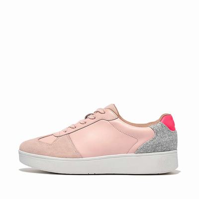 Women's Fitflop RALLY Leather/Felt Panel Trainers Pink/Grey | Ireland-89253