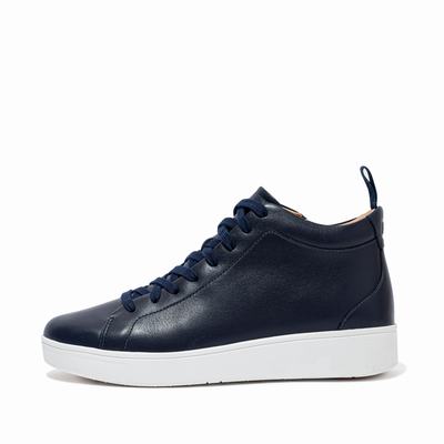 Women's Fitflop RALLY Leather High-Top Trainers Navy | Ireland-56420