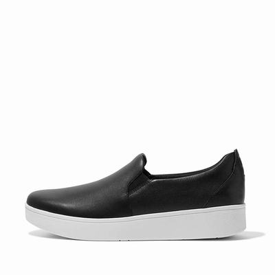 Women's Fitflop RALLY Leather Slip-On Skate Trainers Black | Ireland-36952