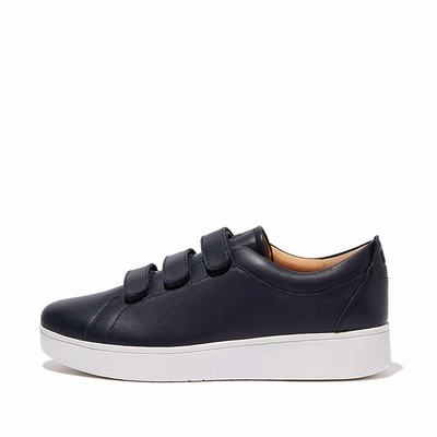 Women's Fitflop RALLY Leather Strap Trainers Navy | Ireland-47903