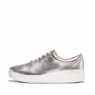 Women's Fitflop RALLY Leather Trainers Silver | Ireland-07152