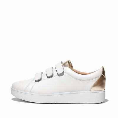 Women's Fitflop RALLY Metallic-Back Leather Strap Trainers White | Ireland-21859