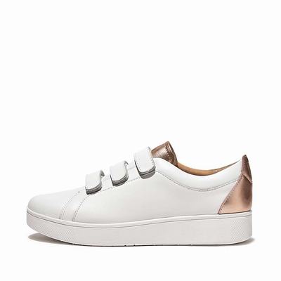 Women's Fitflop RALLY Metallic-Back Leather Strap Trainers White/Rose Gold | Ireland-62174