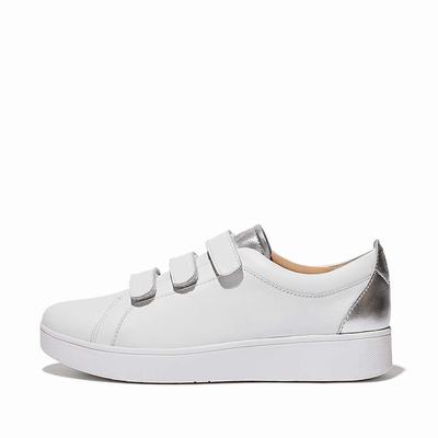 Women's Fitflop RALLY Metallic-Back Leather Strap Trainers Grey | Ireland-75042