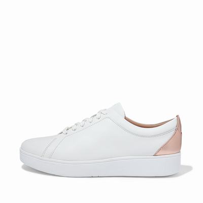 Women's Fitflop RALLY Metallic Backtab Leather Trainers White/Rose Gold | Ireland-35617