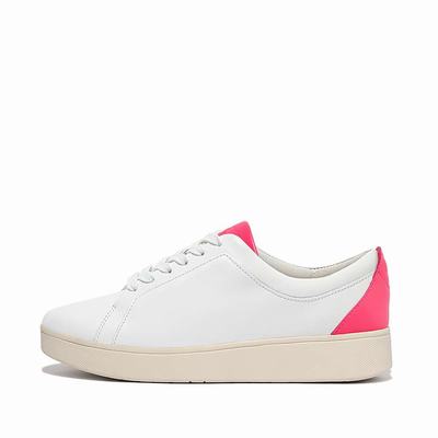 Women's Fitflop RALLY Neon-Pop Leather Trainers White/Pink | Ireland-42036