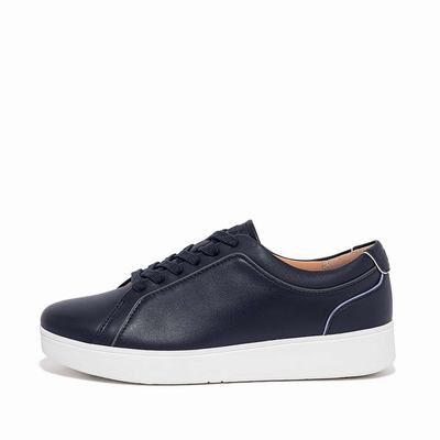 Women's Fitflop RALLY Piping Leather Trainers Navy | Ireland-60497