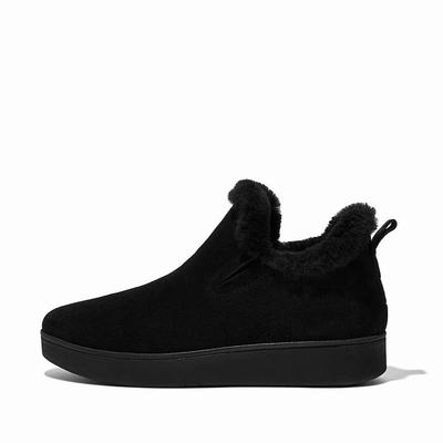 Women's Fitflop RALLY Shearling-Lined Suede Slip-On Trainers Black | Ireland-82153