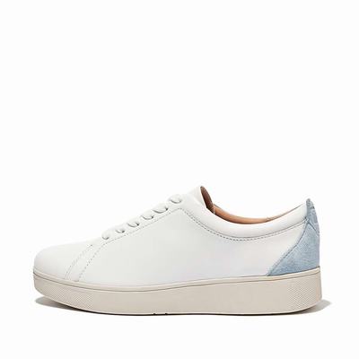 Women's Fitflop RALLY Suede-Back Leather Trainers White/Blue | Ireland-41795