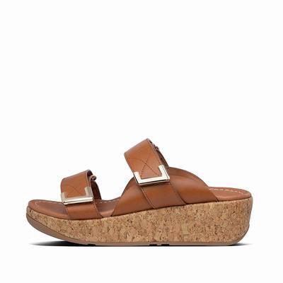 Women's Fitflop REMI Adjustable Leather Slides Sandals Light Brown | Ireland-03815