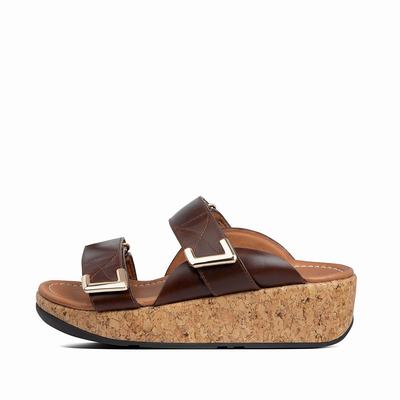 Women's Fitflop REMI Adjustable Leather Slides Sandals Chocolate Brown | Ireland-52839