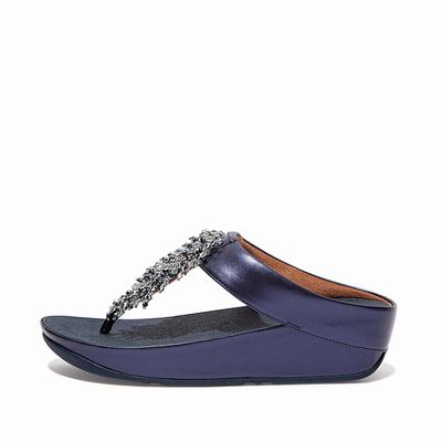 Women's Fitflop RUMBA Beaded Toe-Post Sandals Navy | Ireland-52780