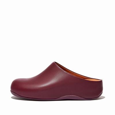 Women's Fitflop SHUV Leather Clogs Burgundy | Ireland-69481