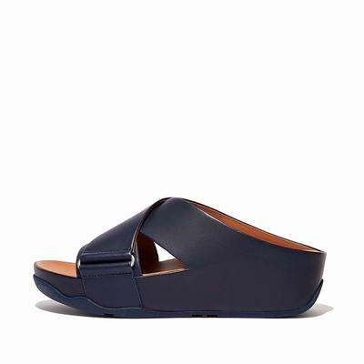 Women's Fitflop SHUV Leather Cross Slides Sandals Navy | Ireland-01435