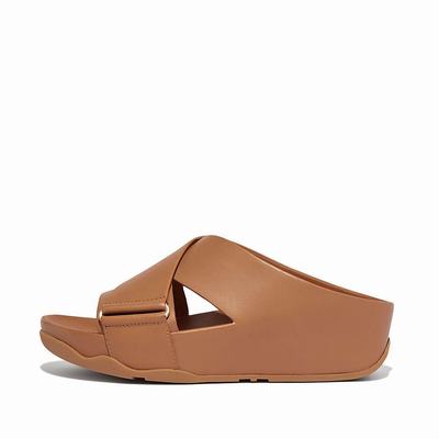 Women's Fitflop SHUV Leather Cross Slides Sandals Brown | Ireland-20368