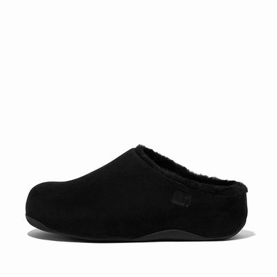 Women's Fitflop SHUV Shearling-Lined Suede Clogs Black | Ireland-79214