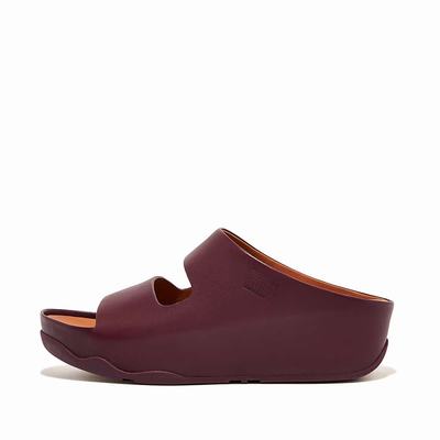 Women's Fitflop SHUV Two-Bar Leather Slides Sandals Burgundy | Ireland-42639