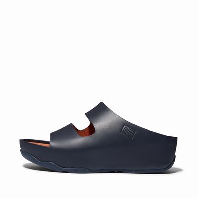 Women's Fitflop SHUV Two-Bar Leather Slides Sandals Navy | Ireland-86407