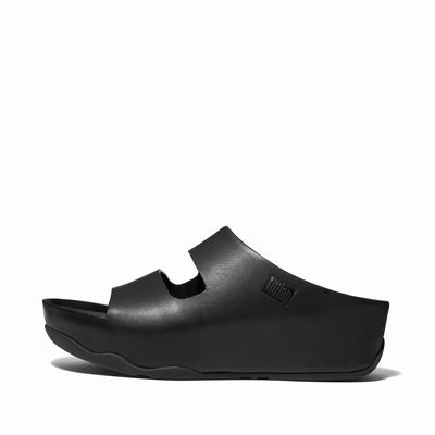 Women's Fitflop SHUV Two-Bar Leather Slides Sandals Black | Ireland-95120