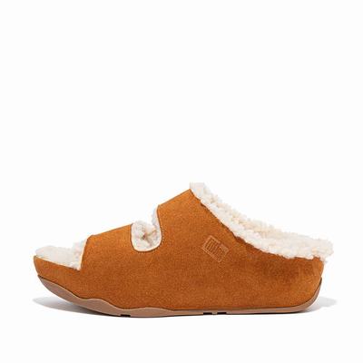 Women's Fitflop SHUV Two-Bar Shearling Suede Slides Slippers Light Brown | Ireland-21786