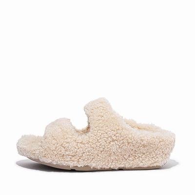 Women's Fitflop SHUV Two-Bar Shearling Slides Slippers White | Ireland-60783