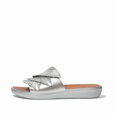 Women's Fitflop SOLA Feather Metallic Leather Slides Sandals Silver | Ireland-23759