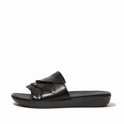 Women's Fitflop SOLA Feather Metallic Leather Slides Sandals Black | Ireland-78094