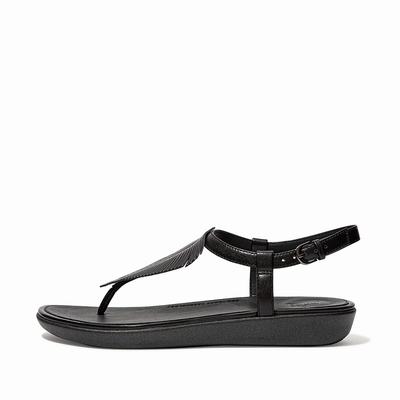 Women's Fitflop TIA Feather Metallic Leather Back-Strap Sandals Black | Ireland-09756