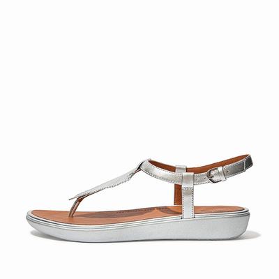 Women's Fitflop TIA Feather Metallic Leather Back-Strap Sandals Silver | Ireland-13745