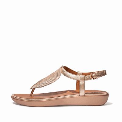 Women's Fitflop TIA Feather Metallic Leather Back-Strap Sandals Rose Gold | Ireland-32091