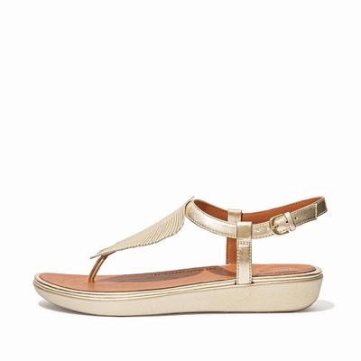 Women's Fitflop TIA Feather Metallic Leather Back-Strap Sandals Brown/Gold | Ireland-60749