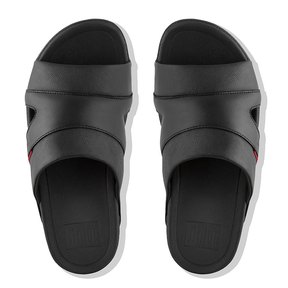 Men's Fitflop FREEWAY Leather Pool Slides Sandals Black | Ireland-08751