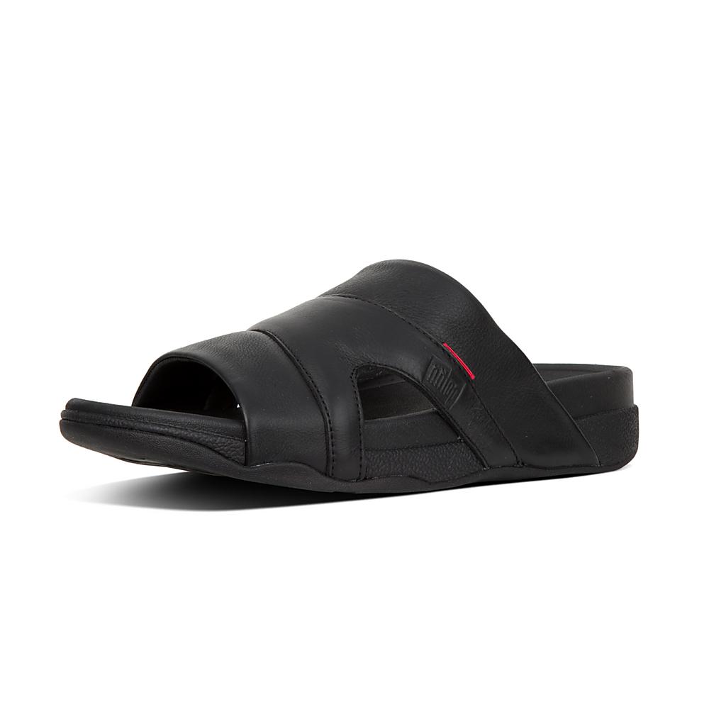 Men's Fitflop FREEWAY Leather Pool Slides Sandals Black | Ireland-08751