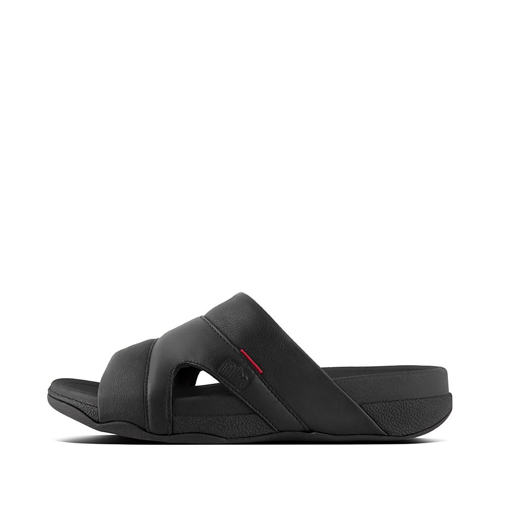 Men\'s Fitflop FREEWAY Leather Pool Slides Sandals Black | Ireland-08751