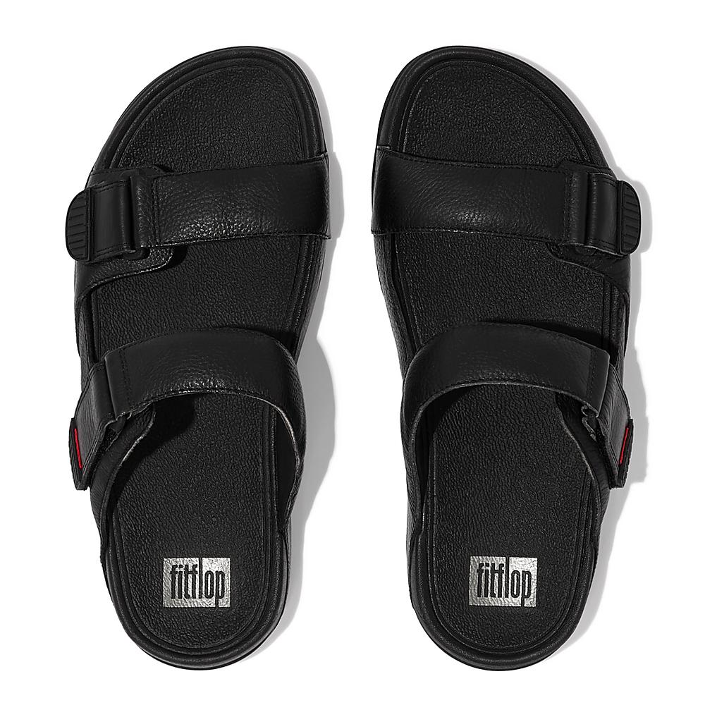 Men's Fitflop GOGH MOC Adjustable Leather Slides Sandals Black | Ireland-15460