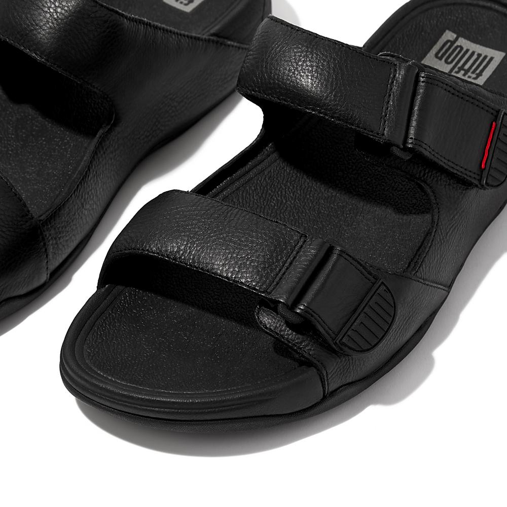 Men's Fitflop GOGH MOC Adjustable Leather Slides Sandals Black | Ireland-15460