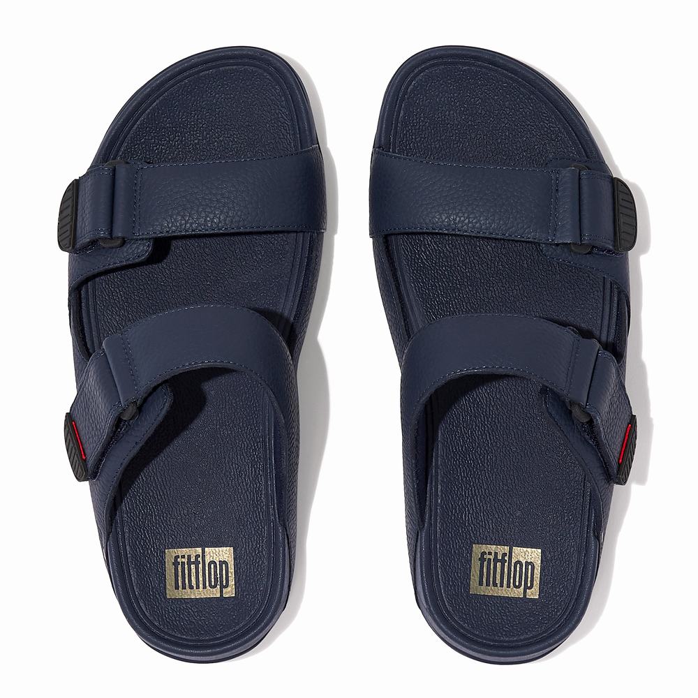 Men's Fitflop GOGH MOC Adjustable Leather Slides Sandals Navy | Ireland-93280