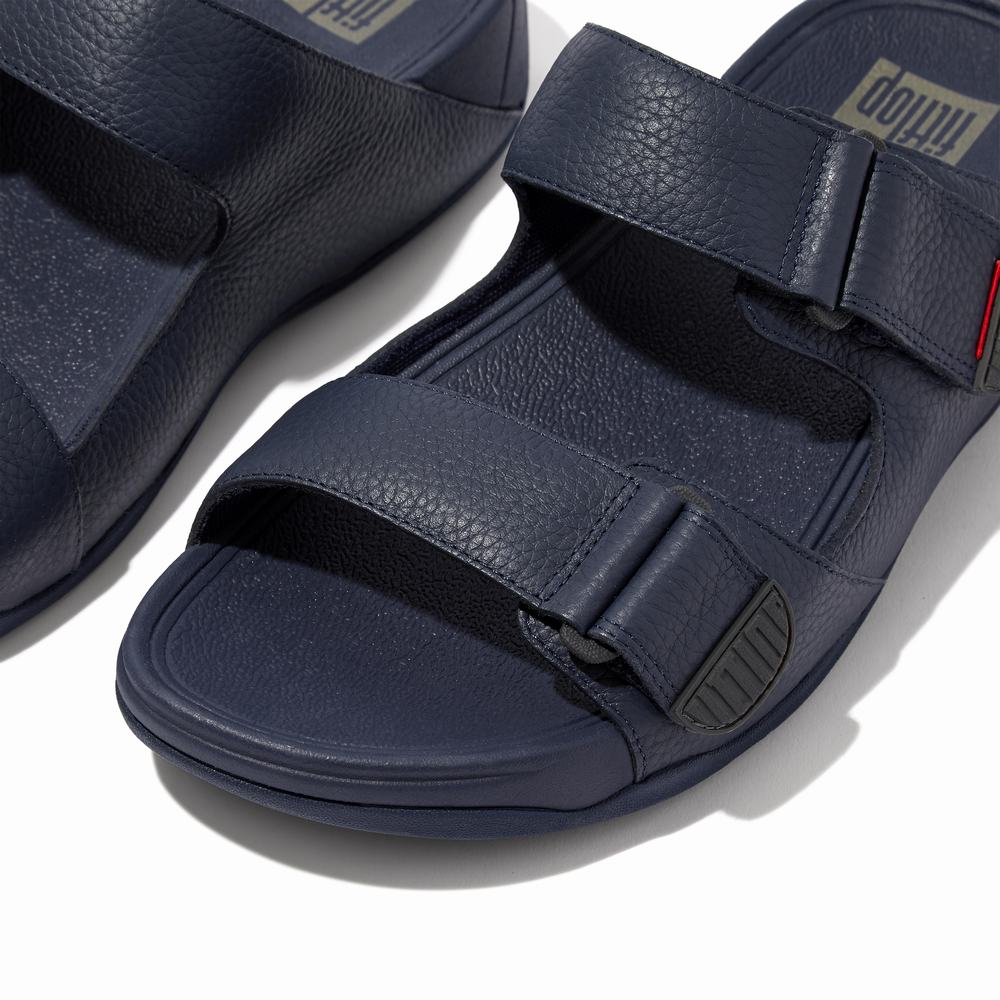 Men's Fitflop GOGH MOC Adjustable Leather Slides Sandals Navy | Ireland-93280