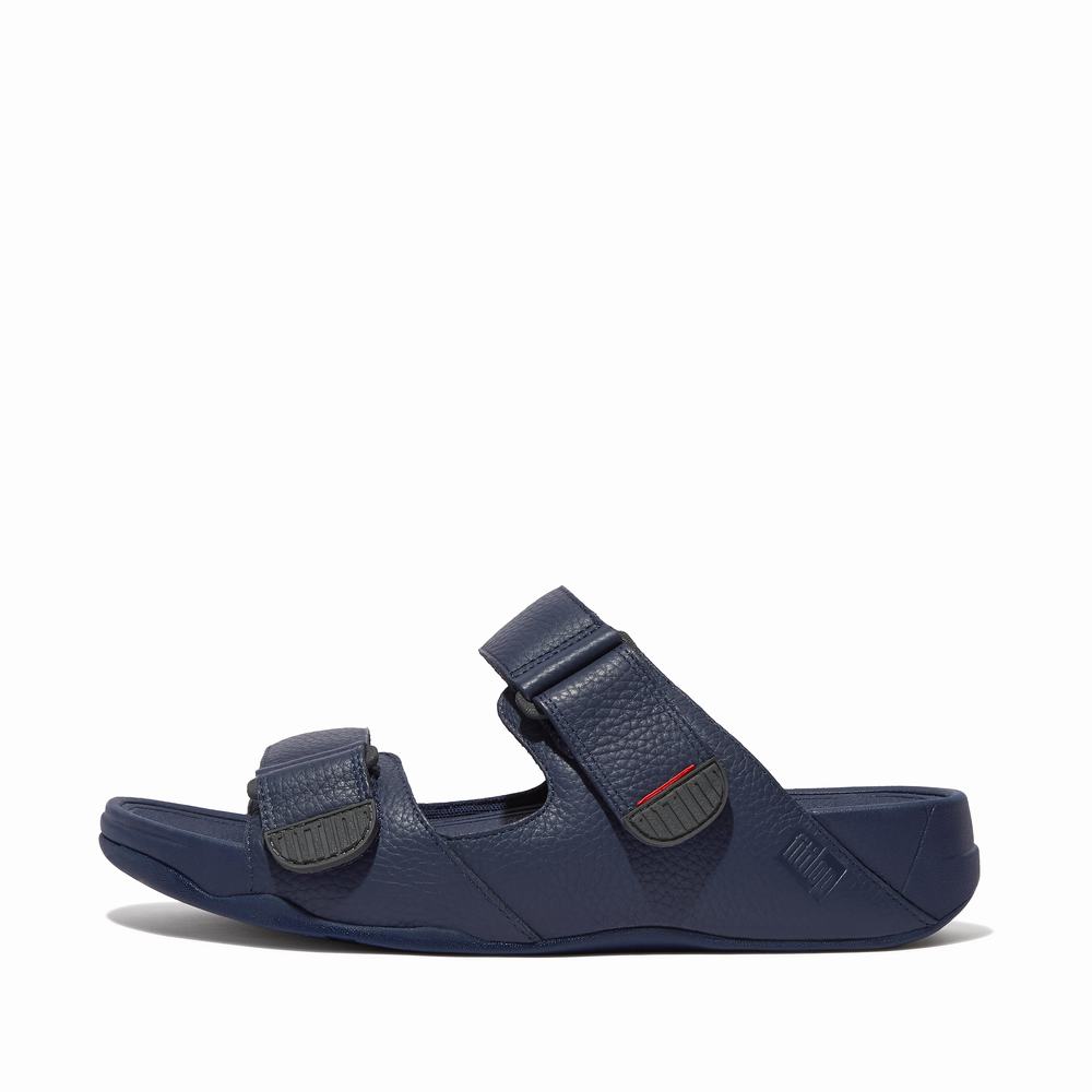 Men\'s Fitflop GOGH MOC Adjustable Leather Slides Sandals Navy | Ireland-93280