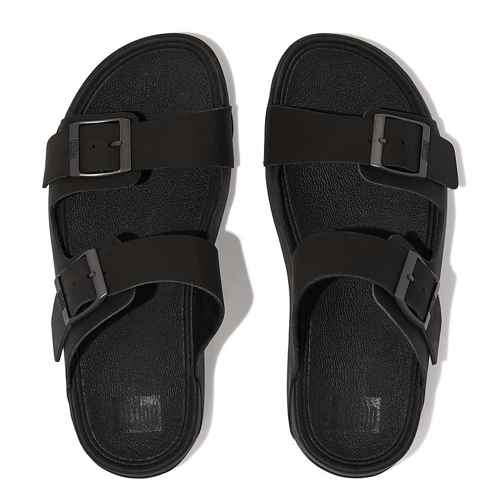 Men's Fitflop GOGH MOC Buckle Nubuck Slides Sandals Black | Ireland-79261